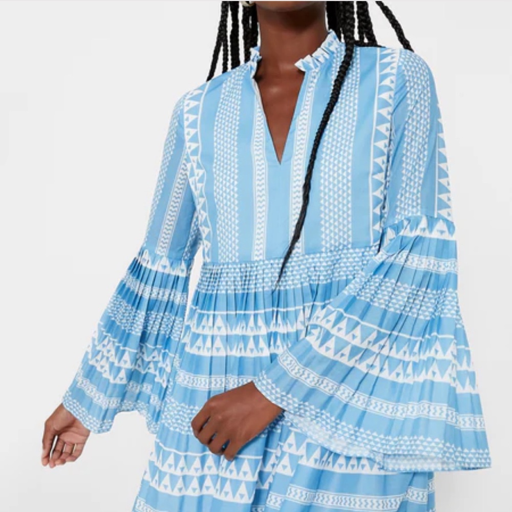 Tuckernuck Sky Blue and White Geometric Dress Bell Sleeves
